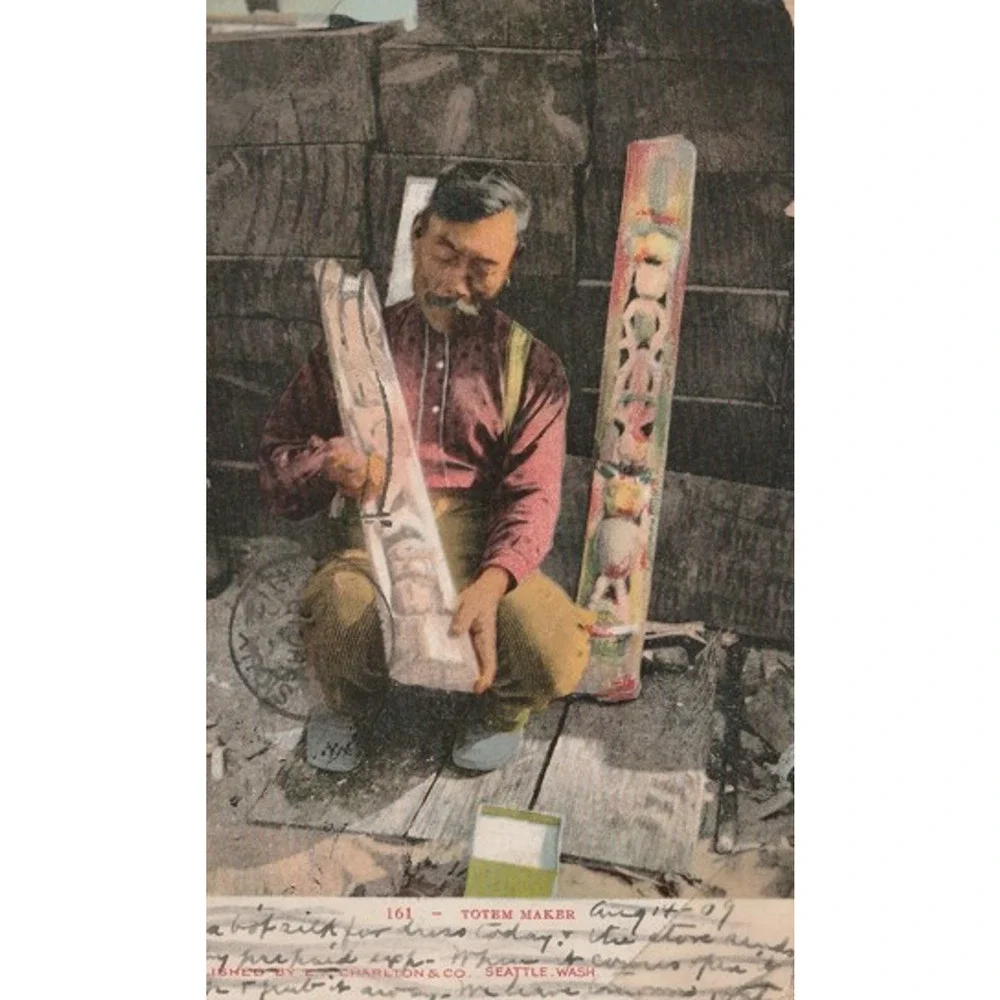Postcard Seattle WA Totem Pole Worker Pioneer Square Vintage Washington Antique
